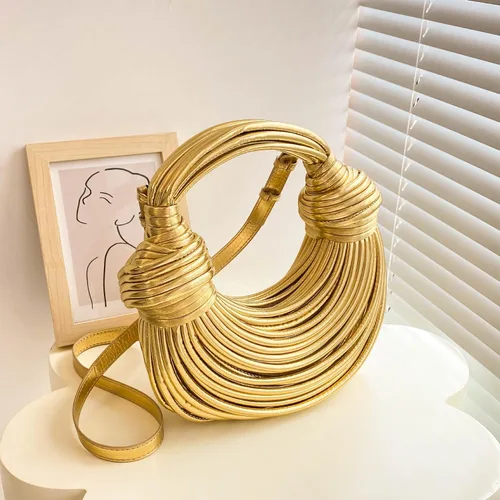Vista 5 de Bolso cruzado tejido para mujer, pequeño bolso de mano de cuero, bolso de mano anudado para pan, asa superior, fideos, bolso de hombro.