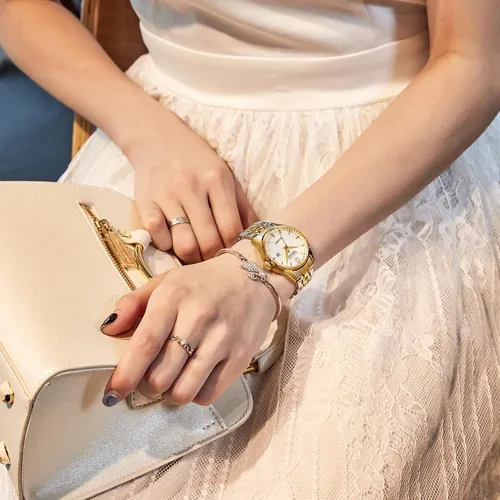 Vista 4 de Reloj clásico para mujer, reloj de pulsera de cuarzo de acero inoxidable dorado y plateado para mujer con visualización de fecha, relojes elegantes
