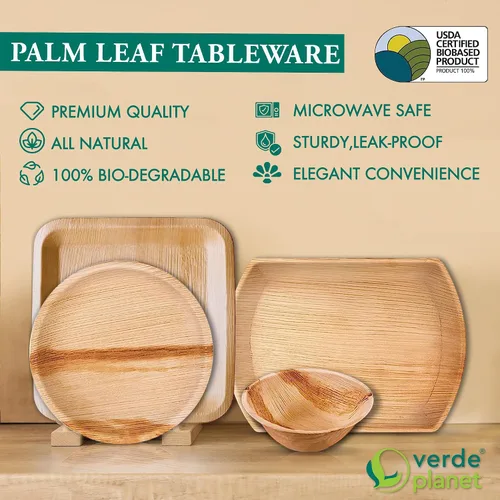 Vista 2 de Verde Planet - Platos desechables de hoja de palma - Sustitutos elegantes de la vajilla tradicional - Plato ideal para servir para primavera
