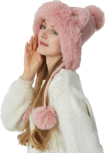 Vista 5 de HUAMULAN - Gorro de invierno para mujer estilo peruano con forro polar, solapas para orejas, doble capa, con pompones