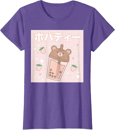 Vista 25 de Camiseta estética Kawaii con diseño de oso lindo y té con leche burbuja, talla S Blanco