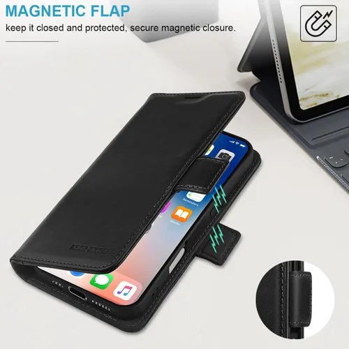 Vista 6 de KEZiHOME Funda de piel auténtica compatible con iPhone 16, con bloqueo RFID, con soporte para tarjetas, función atril magnético, funda protectora
