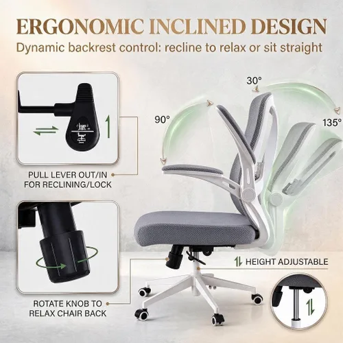 Vista 5 de Silla ergonómica de malla para oficina en casa, silla de escritorio resistente de 350 libras con soporte lumbar, reposabrazos abatibles, silla 02