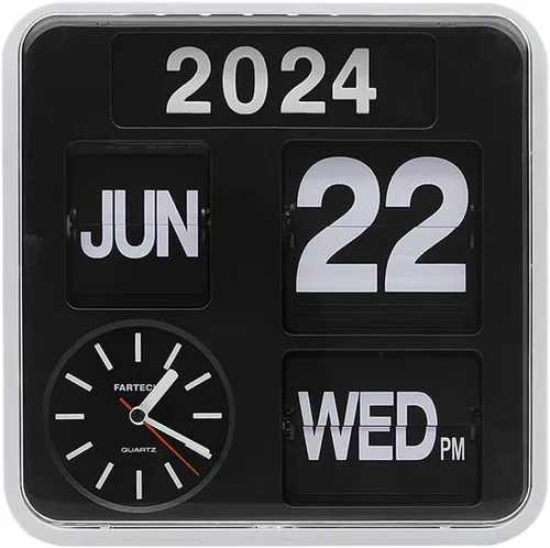 Vista 8 de Reloj de pared retro moderno de 9.45 pulgadas con calendario, fecha, escritorio abatible, negro, (sin batería incluida) (ámbar)