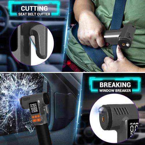 Vista 3 de Inflador de Neumáticos para Coche con Rompeventanas y Cortador de Cinturón de Seguridad: Bomba de Aire de 180 PSI - Compresor de Aire Portátil