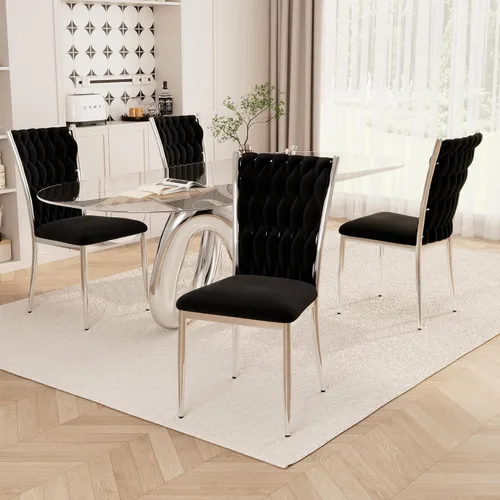 Vista 14 de Juego de 2 sillas de comedor de terciopelo, modernas sillas de cocina tejidas con patas de metal dorado, cojín tapizado con respaldo alto