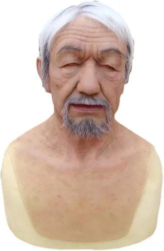 Vista 2 de Máscara de Halloween para hombre anciano realista disfraz de cabeza y cuello completo vestido de goma para máscaras máscara divertida de látex