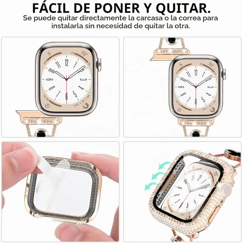 Vista 6 de KADES Bling Four-Leaf Clover Band for Apple Watch Bands Women's Wear Oro rosa/Negro