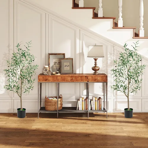 Vista 2 de GOFLAME Paquete de 2 olivos artificiales, árbol de seda de olivo sintético en maceta de 4.5 pies con ramas y frutas realistas, plantas verdes falsas