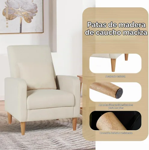 Vista 4 de COLAMY Mid-Century - Silla decorativa tapizada moderna con almohada trasera y patas de madera maciza, sillón acogedor de tela para sala de estar
