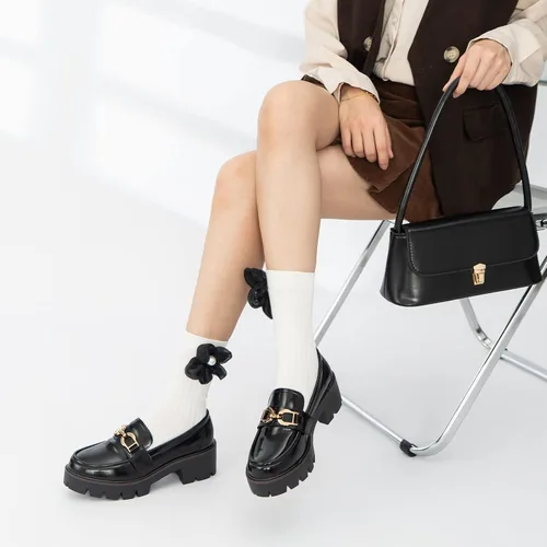 Vista 5 de youngshow Mocasines de plataforma para mujer, de tacón grueso, puntera redonda, de cuero, mocasines
