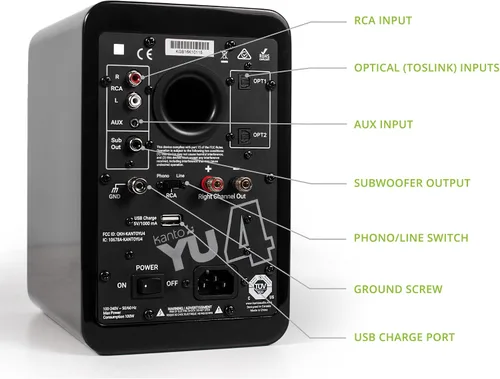 Vista 3 de Kanto YU4GB Altavoces alimentados con Bluetooth y preamplificador phono incorporado Apagado y encendido automáticos Control remoto incluido