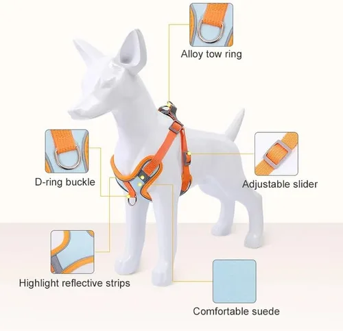 Vista 4 de Juego de arnés reflectante ajustable para el pecho del perro, sin tirones, clip frontal, transpirable, de nailon suave para perros pequeños