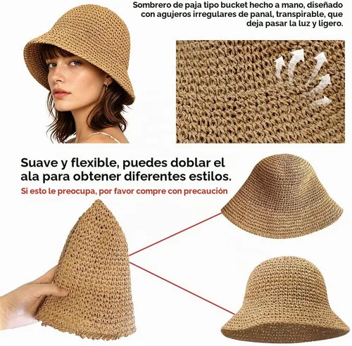 Vista 4 de Women Sun Hat Hand-Woven Packable Beach Bucket Hat Summer Floppy UV Protection Hats Beige