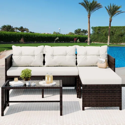 Vista 2 de Vongrasig Juego de muebles de patio de 3 piezas, sofá seccional de mimbre PE para todo tipo de clima, juego de conversación pequeño para Beige