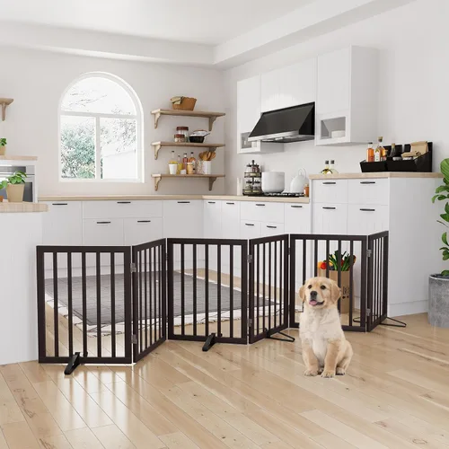 Vista 18 de Semiocthome Puertas de bambú para perros para interiores, puertas independientes de 2 paneles para cachorros para la casa con 2 soportes de metal