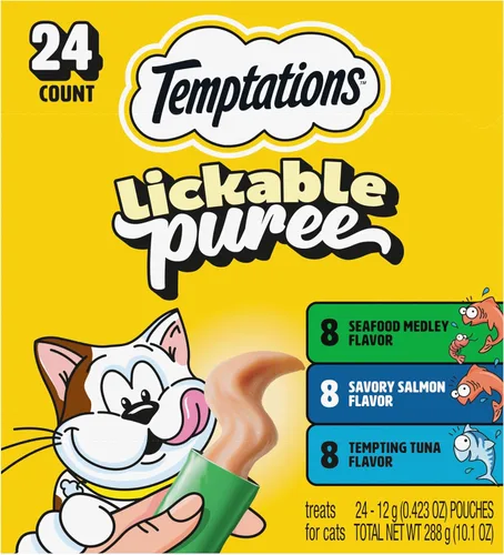 Vista 22 de Temptations Creamy Puree Golosinas Húmedas Exprimibles Lamibles para Gatos con Hígado de Res, Tubos de 0.42 oz., 4 Unidades, Paquete de 11 (44 Total)