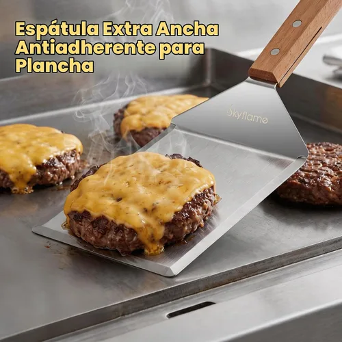 Vista 6 de Skyflame Espátula de hamburguesa extraancha de 6 x 5 pulgadas con borde