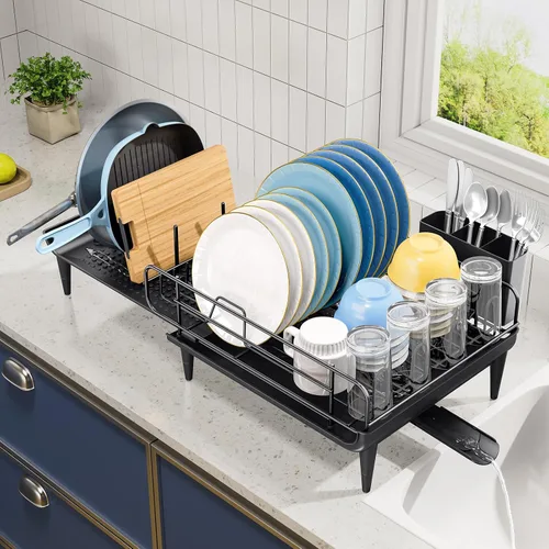 Vista 2 de TOOLF Escurridor de platos grande, escurridor de platos expandible para encimera de cocina, escurridor de platos multifuncional, elementos Negro