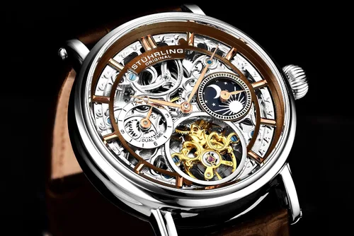 Vista 2 de Stuhrling Original Reloj automático para hombre, caja plateada, bisel plateado, correa de cuero genuino en relieve de cocodrilo