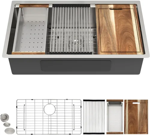 Vista 17 de Fregadero de cocina de 13 x 15 pulgadas de montaje bajo encimera - Fregadero de cocina de acero inoxidable 304 calibre 16 bajo mostrador con grifo