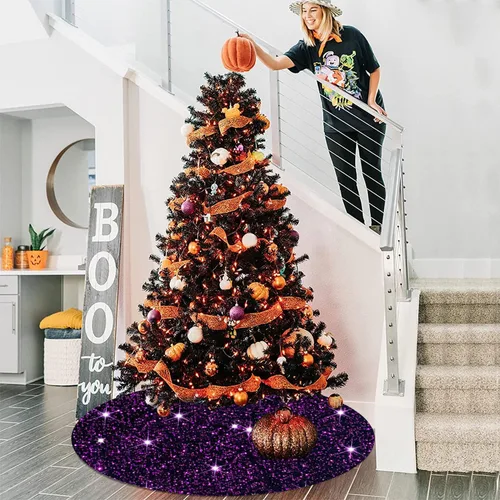 Vista 5 de Faldas de árbol moradas de Navidad de 21 pulgadas, faldas de árbol de lentejuelas con purpurina, decoración de tela de terciopelo, falda de árbol