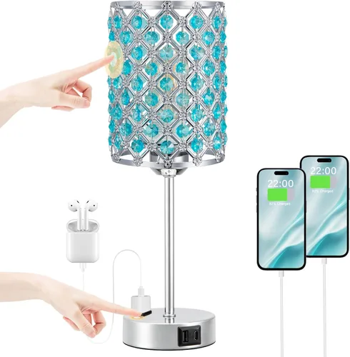 Vista 9 de Lámpara de mesa de cristal con control táctil, lámpara de mesita de noche regulable con puertos de carga USB-C+A y CA, lámpara USB dorada de 3 vías
