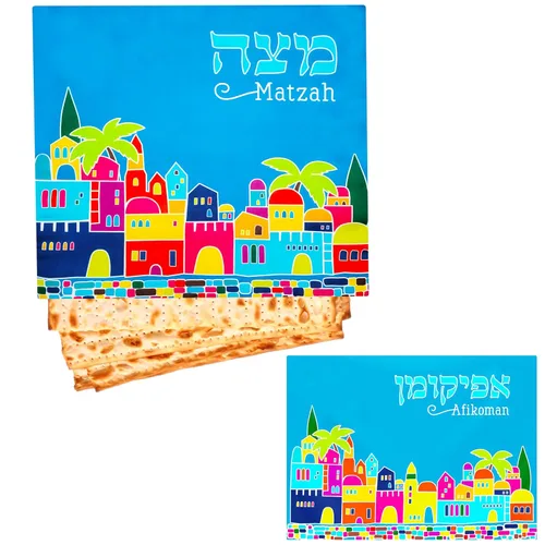 Vista 7 de Pésaj Jerusalén Afikoman - Cubierta para Pascua en hebreo e inglés, azul satinado