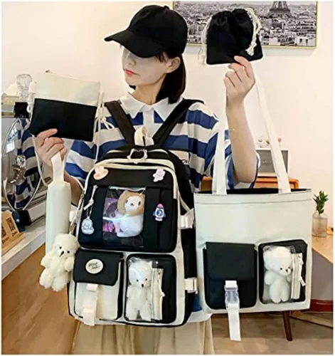 Vista 6 de Mochila Kawaii de 5 piezas, bolsa deportiva estética de 17 pulgadas con bonita mochila, bolsa de hombro, caja de lápices, bolsa de mano, bolsa