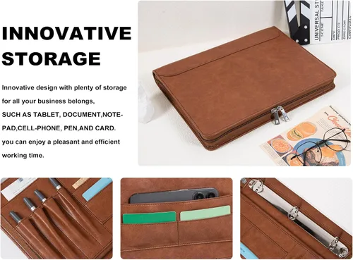 Vista 6 de AZXCG Padfolio - Carpeta de 3 anillos para mujer, carpeta de negocios de cuero vegano con cremallera, organizador de cuadernos de documentos