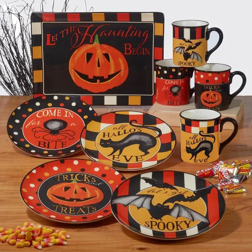 Vista 3 de Bandeja rectangular espeluznante de Halloween – Bandeja de cerámica de 14 x 10 pulgadas con mensaje «Let the Haunting Begin» – Vajilla de fiesta