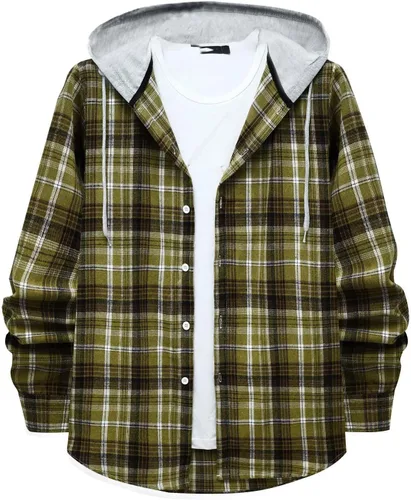 Vista 9 de Aymnlox Sudaderas con capucha para hombre, de manga larga, a cuadros, con botones, con capucha, casual, elegante, con cordón, 2024 #A01-Red