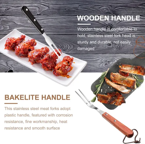 Vista 4 de 2 tenedores de carne de acero inoxidable con mango de madera para cocinar, barbacoa, parrilla, herramienta de carne para cocina, barbacoa, servir