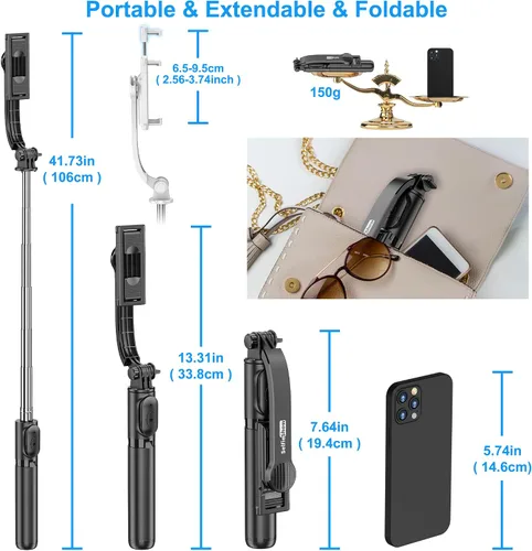 Vista 7 de SelfieShow Selfie Stick, Palo de Selfie Extensible con Trípode, Control Remoto Inalámbrico y Soporte de Trípode, Portátil, Ligero, Compatible
