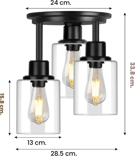 Vista 4 de ROTTOGOON Lámpara de Techo Semiempotrada, Accesorios de Luz de Techo de 3 Luces Cerca del Techo, Accesorios de Luz de Cocina Negro Mate