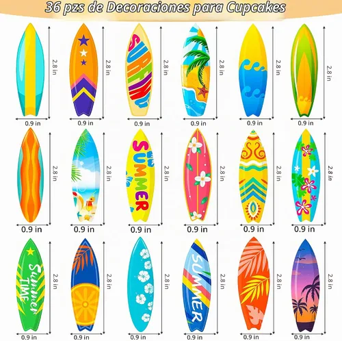 Vista 4 de 36 decoraciones para cupcakes para tablas de surf, piscina, decoración de fiesta de cumpleaños, playa, tabla de surf, decoración de cupcakes
