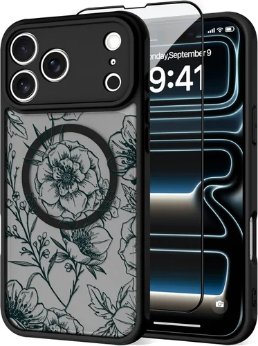 Vista 41 de OOK Funda magnética para iPhone 13 Pro Max [compatible con MagSafe] Funda delgada translúcida mate con flor silvestre negra, protección para lente