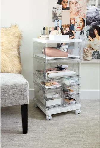 Vista 2 de iDesign The Sarah Tanno Collection - Carrito organizador grande de cosméticos apilable de 7 cajones, transparente/blanco