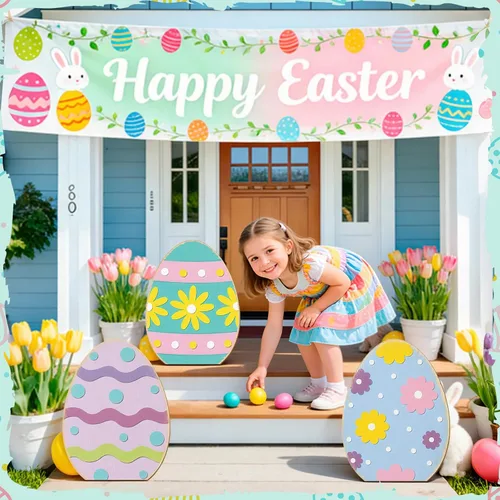 Vista 6 de GlikCeil 3 letreros de madera de Pascua de 17 pulgadas para porche, decoración rústica de bienvenida para fiestas de primavera, fiestas, jardín