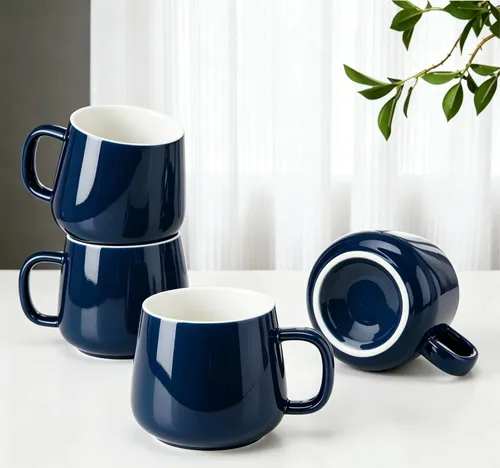 Vista 7 de Teocera Juego de 4 tazas de café de cerámica de 12 oz con asas grandes para bebidas calientes o frías como café con leche, cacao, té o jugo Beige