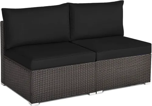 Vista 15 de Tangkula Juego de 2 sofás de mimbre para exteriores, sin brazos, juego de sofá modular de ratán para patio con 2 cojines de asiento gruesos y 2