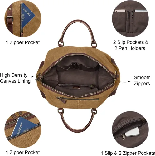 Vista 17 de S-ZONE - Bolsa de viaje de lona sobredimensionada con adornos de cuero genuino, bolsa deportiva de hombro de fin de semana, bolso de fin de semana