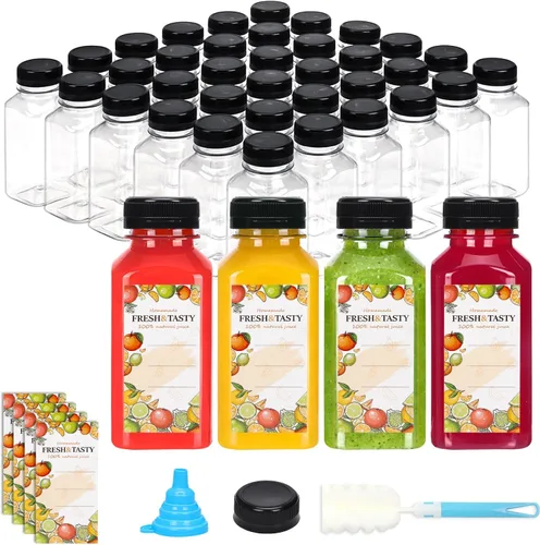 Vista 15 de TOMNK 12 botellas de plástico de 2 onzas con tapas, recipientes reutilizables transparentes a granel para bebidas de jengibre shot, jugo, leche
