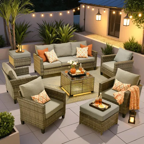 Vista 45 de ovios Juego de muebles de patio de 4 piezas con sofá de exterior, luces solares, mesa, cojines cómodos, sofá de conversación de mimbre de ratán