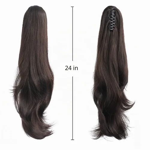 Vista 5 de Extensión de cola de caballo, Pinza de extensión de cabello de 24 pulgadas color marrón oscuro para mujeres con cabello liso, pieza de cabello