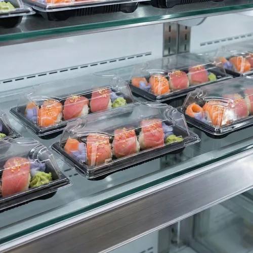 Vista 3 de Restaurantware Roku - Bandejas de sushi de 5.4 x 3 pulgadas, 100 recipientes desechables para sushi con tapas, pequeños recipientes rectangulares