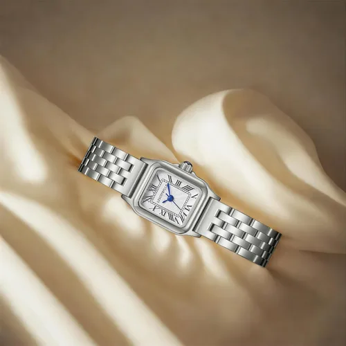 Vista 4 de Relojes pequeños de oro para mujer con funda rectangular vintage, esfera romana clásica, banda de acero inoxidable resistente al agua con cadena