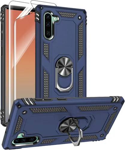 Vista 10 de Funda para Samsung Galaxy Note 10, Note10 con protectores de pantalla HD, soporte de anillo de metal de grado militar con soporte de anillo de Negro
