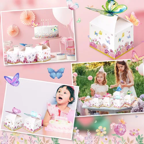 Vista 5 de Ctosree 24 cajas de regalo de fiesta de mariposa, bolsas de dulces florales, caja de papel de regalo de mariposa rosa para niña, decoración azul