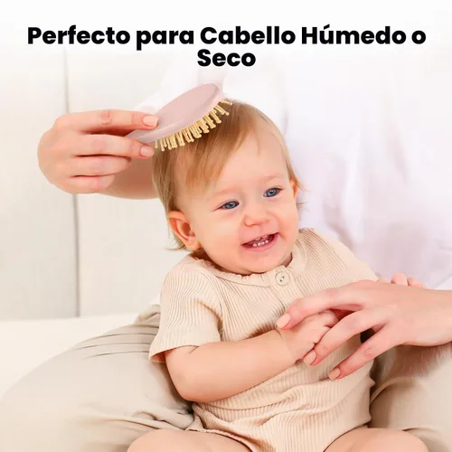 Vista 6 de Yoofoss Juego de 4 cepillos y peine para el pelo del bebé, cepillo de madera para el pelo del bebé con pelo de cabra ultra suave natural, juego